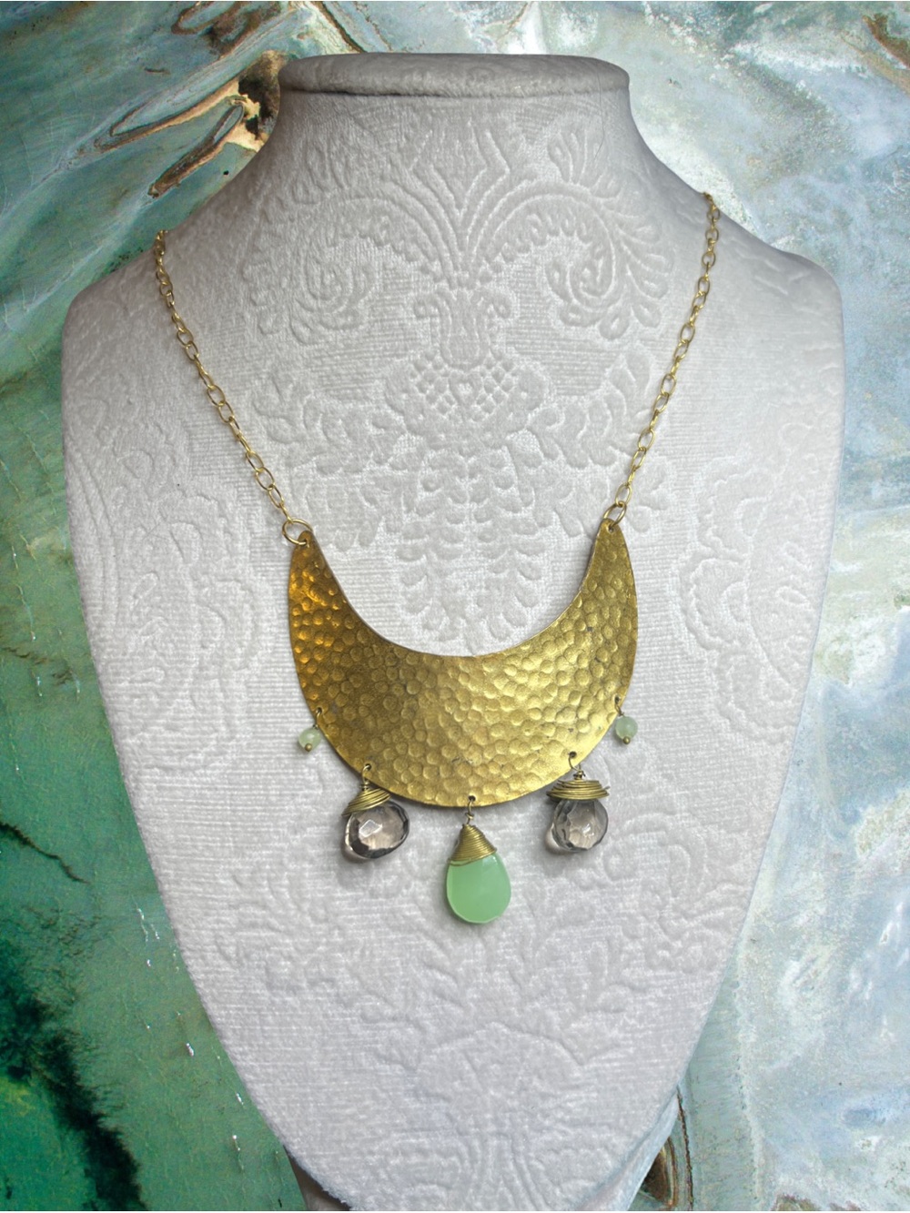 Kevia 18K Gold Plated Crescent Bib Pendant Necklace  Teardrops Dangling Gems